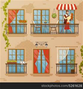 Classic Window Balconies Composition. Classical architecture balconies set with flat image of townhouse wall with bricks windows decorations and bindweed vector illustration
