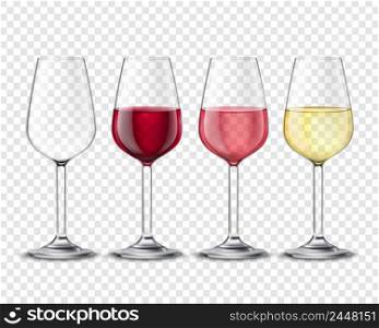 Classic wineglass alcohol drink glasses set with red white and rose wine realistic transparent poster vector illustration . Wineglasses Alcohol Drinks Set Transparent Poster