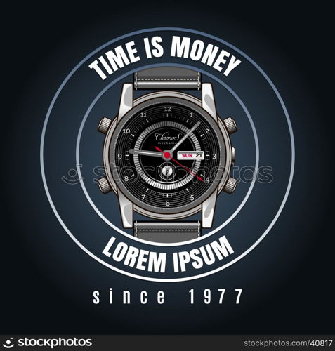 Classic wrist watches shop emblem. Classic wrist watches shop emblem with time is money text. Vector ilustration