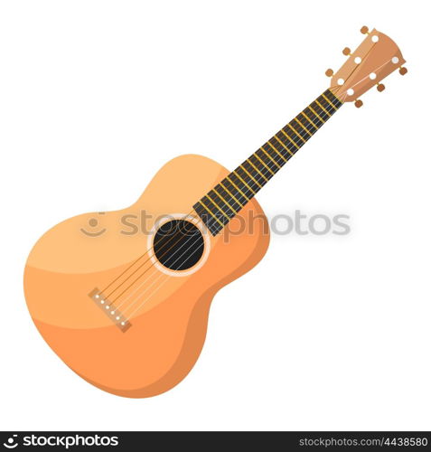 Classical acoustic wooden Cartoon guitar with strings on a white background. Isolate &#xA;plucked musical instrument. Stock vector illustration