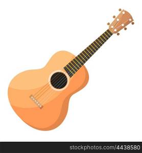 Classical acoustic wooden Cartoon guitar with strings on a white background. Isolate &#xA;plucked musical instrument. Stock vector illustration