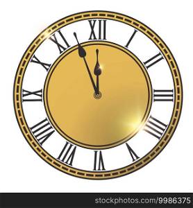 Classical clock dial with two arrows in separate layers. Isolated on white, design template element. Golden light effect, vector illustration.
