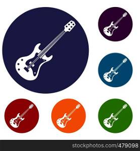 Classical electric guitar icons set in flat circle red, blue and green color for web. Classical electric guitar icons set
