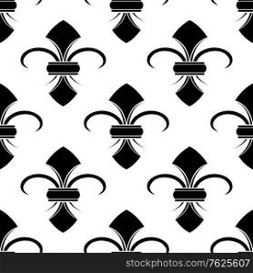 Classical French black and white fleur-de-lis seamless background pattern with a repeat motif in square format suitable for wallpaper or fabric design. Classical French fleur-de-lis background pattern