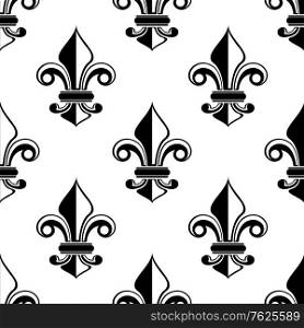 Classical French black and white fleur-de-lis seamless pattern with a repeat motif in square format suitable for wallpaper or fabric design. Classical French fleur-de-lis pattern