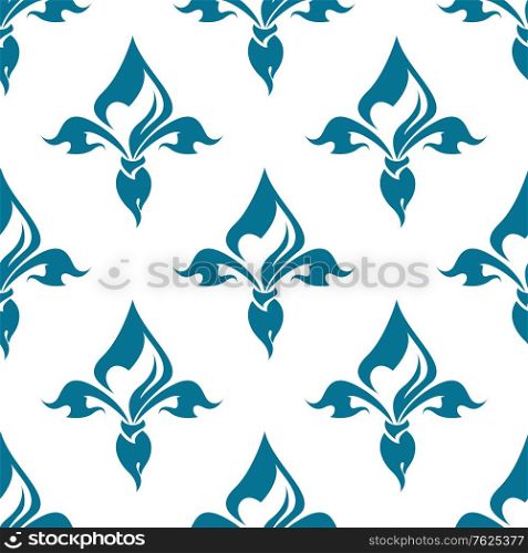 Classical French blue colored fleur-de-lis seamless pattern with a repeat motif in square format suitable for wallpaper, tiles and fabric design