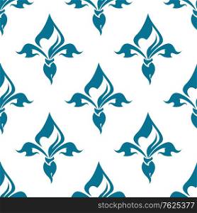 Classical French blue colored fleur-de-lis seamless pattern with a repeat motif in square format suitable for wallpaper, tiles and fabric design