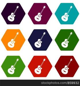Classical guitar icon set many color hexahedron isolated on white vector illustration. Classical guitar icon set color hexahedron