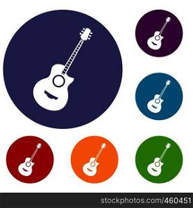 Classical guitar icons set in flat circle reb, blue and green color for web. Classical guitar icons set