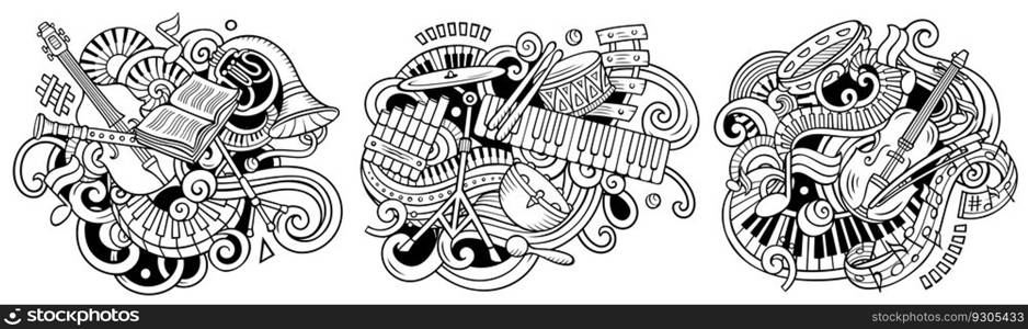 classical music cartoon vector doodle designs set. Sketchy detailed compositions with lot of musical objects and symbols. classical music cartoon vector doodle designs set