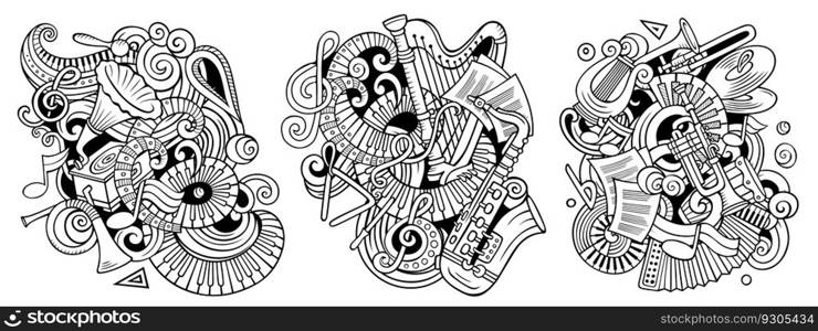 classical music cartoon vector doodle designs set. Sketchy detailed compositions with lot of musical objects and symbols. classical music cartoon vector doodle designs set