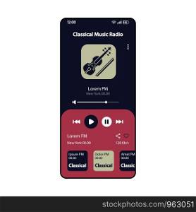 Classical music FM radio smartphone interface vector template. Mobile app page retro design layout. Online music player screen. Albums, playlist listening. Flat UI for application. Phone display