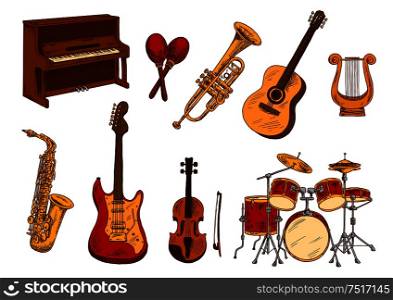 Classical orchestra musical instruments retro sketch with colorful upright piano, electric and acoustic guitars, violin, drum set, saxophone, trumpet, lyre and maracas. Concert playbill or music theme design usage. Retro sketch of classical musical instruments