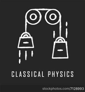 Classical physics chalk icon. Laws of motion and gravitation. Mechanical energy. Theoretical kinematics physical experiment. Basis of classical mechanics. Isolated vector chalkboard illustration
