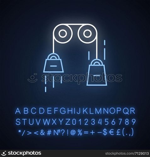 Classical physics neon light icon. Laws of motion and gravitation. Mechanical energy research. Theoretical kinematics. Glowing sign with alphabet, numbers and symbols. Vector isolated illustration