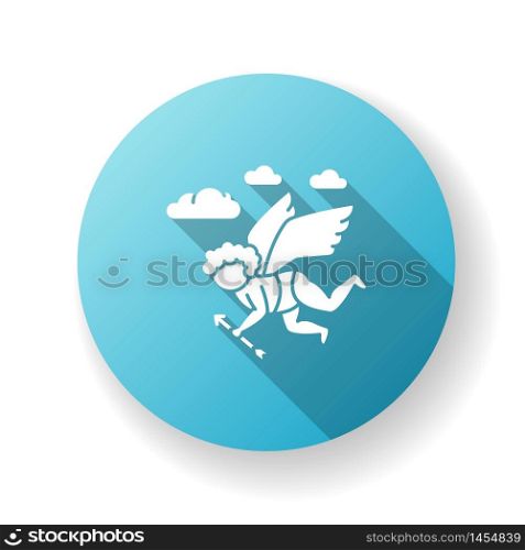 Classicism blue flat design long shadow glyph icon. Western traditional cultural movement. Baby cupid flying with arrow. Classical visual art. Silhouette RGB color illustration. Classicism blue flat design long shadow glyph icon