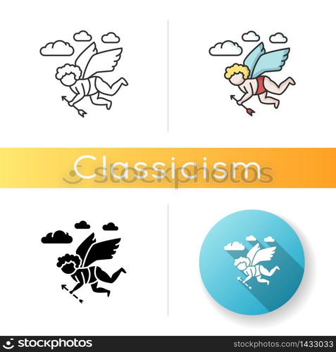 Classicism icon. Western traditional cultural movement. Baby cupid flying with arrow. Classical visual art. Linear black and RGB color styles. Isolated vector illustrations. Classicism icon