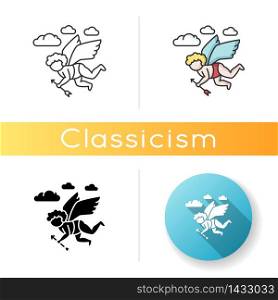 Classicism icon. Western traditional cultural movement. Baby cupid flying with arrow. Classical visual art. Linear black and RGB color styles. Isolated vector illustrations. Classicism icon