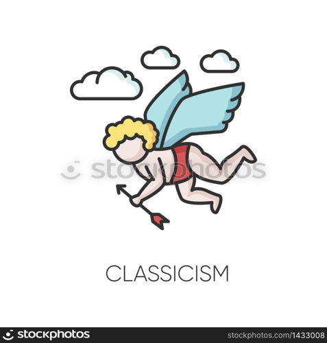 Classicism RGB color icon. Western traditional cultural movement. Baby cupid flying with arrow. Classical visual art. Isolated vector illustration. Classicism RGB color icon