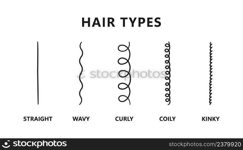 Classification of hair types - straight, wavy, curly, coily, kinky. Scheme of different types of hair. Curly girl method. Vector illustration on white background.. Classification of hair types - straight, wavy, curly, coily, kinky. Scheme of different types of hair. Curly girl method. Vector illustration on white background
