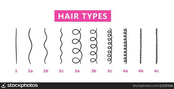 Classification of hair types - straight, wavy, curly, kinky. Scheme of different types of hair. Curly girl method. Vector illustration on white background.. Classification of hair types - straight, wavy, curly, kinky. Scheme of different types of hair. Curly girl method. Vector illustration on white background