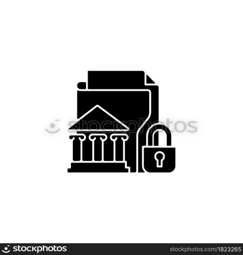 Classified information black glyph icon. National security. Protecting sensitive data. Classification levels. Government material. Silhouette symbol on white space. Vector isolated illustration. Classified information black glyph icon
