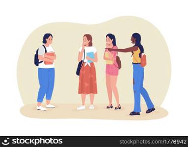 Classmates bullies 2D vector isolated illustration. Peer pressure and bullying in high school. Teens attack pupil flat characters on cartoon background. Teenager problem colourful scene. Classmates bullies 2D vector isolated illustration