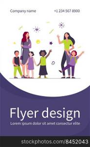 Classmates meeting at school. Mom leading son, group of school children with teacher flat vector illustration. Childhood, back to school concept for banner, website design or landing web page