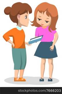Classmates reading book vector, isolated characters female students with textbook. Kid helping child with homework, material in book friendship, back to school concept. Flat cartoon. Elementary School Lessons, Girl Helping Friend