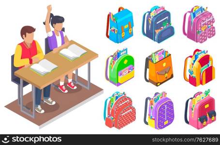 Classmates sitting at desktop with notebook, backpack sticker. Pupils studying, girl rising hand, children in classroom, rucksack label, education. Back to school concept. Flat cartoon isometric 3d. Pupils and Backpack Symbol, School Label Vector