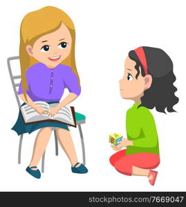 Classmates vector, isolated kids talking. Children in kindergarten, smart child holding book sitting on chair. Pupil with cubes asking for help, back to school concept. Flat cartoon. School Education Girl Book Talking to Classmate