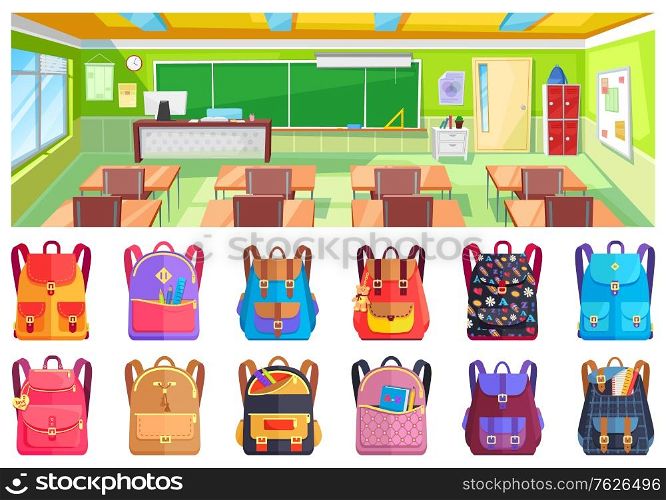 Classroom and backpack stickers, knowledge place with books, furniture and chalkboard. Educational element, backpacks for back to school, studying symbol vector. Back to school concept. Flat cartoon. Back to School, Classroom and Backpack Vector