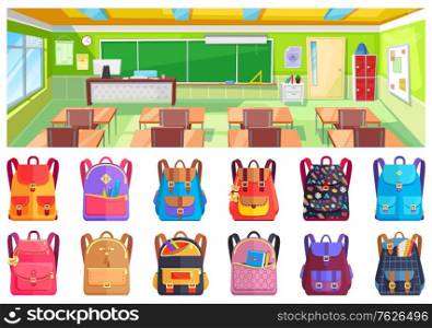 Classroom and backpack stickers, knowledge place with books, furniture and chalkboard. Educational element, backpacks for back to school, studying symbol vector. Back to school concept. Flat cartoon. Back to School, Classroom and Backpack Vector