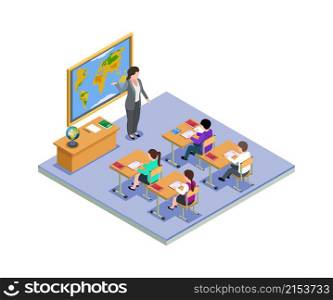 Classroom concept. Isometric school class, teacher and children on lesson. Geography, young students examination. Kids education vector. Illustration of class isometric education, classroom school. Classroom concept. Isometric school class, teacher and children on lesson. Geography, young students examination. Kids education vector concept