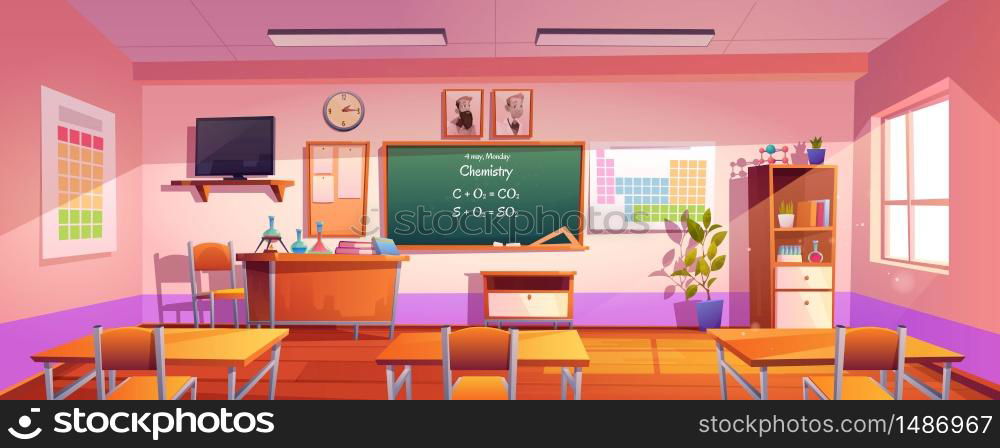 Classroom for chemistry learning with formula on chalkboard. Vector cartoon illustration of empty school class interior with flasks on desk and poster with chemical periodic table on wall. Vector classroom for chemistry learning