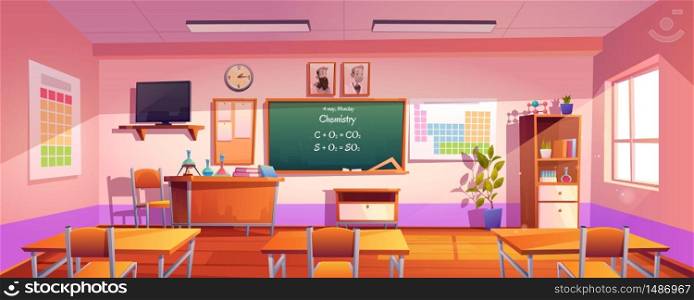 Classroom for chemistry learning with formula on chalkboard. Vector cartoon illustration of empty school class interior with flasks on desk and poster with chemical periodic table on wall. Vector classroom for chemistry learning