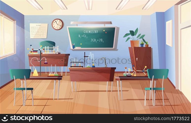 Classroom for chemistry subject. Cartoon interior with chalkboard, clock on the wall, desks, teacher table, books, test tubes, equipment for experiments, flasks. Vector illustration.