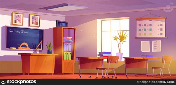 Classroom for math learning in school. Vector cartoon illustration of empty class interior, blackboard with inscription Sine, Cosine, triangle and protractor, furniture and bookcase. Classroom for math learning in school