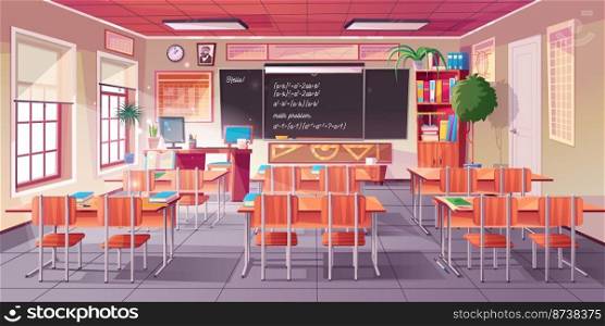 Classroom for math learning interior with teacher and students desks, chalkboard with equations and formulas, bookcase and rulers, vector cartoon illustration. Empty classroom for math learning interior