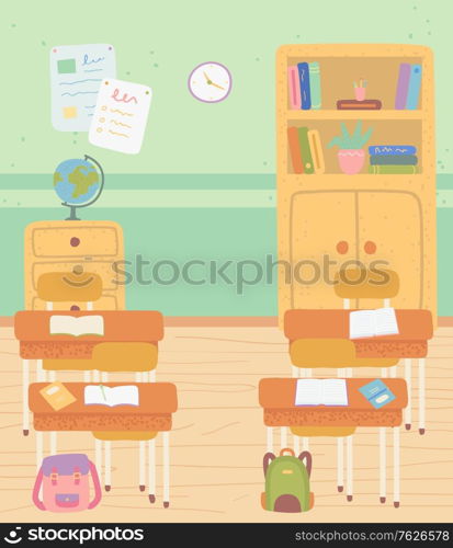 Classroom interior vector, room with desks and school supply, globe and shelves with books. Satchels bags of students, workplace with textbooks and pens. Back to school concept. Flat cartoon. Classroom with School Furniture Desks and Shelves