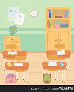 Classroom interior vector, room with desks and school supply, globe and shelves with books. Satchels bags of students, workplace with textbooks and pens. Back to school concept. Flat cartoon. Classroom with School Furniture Desks and Shelves