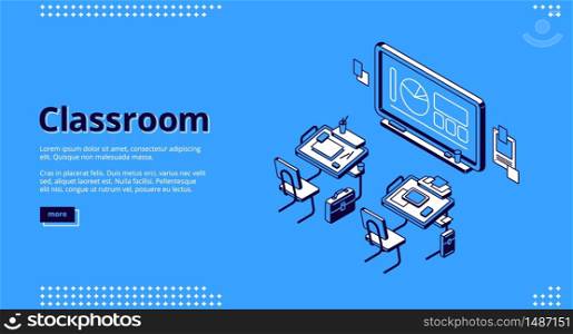 Classroom isometric landing page, school or university class room empty interior with desks and blackboard with diagrams and pie chart. Educational Place with seats and chalkboard 3d vector web banner. Classroom isometric landing page, school class