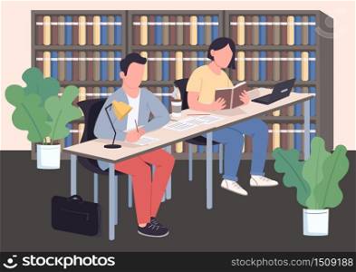 Classroom, library flat color vector illustration. Studying classmates, university students 2D cartoon characters with bookcases on background. College education, exams preparation, knowledge gaining