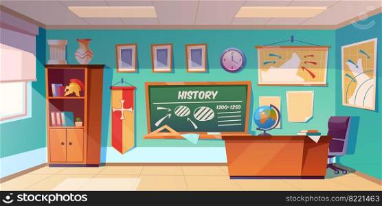 Classroom of history empty interior, school class room with teacher table, green blackboard with scheme, map and clock hanging on wall, books cupboard, studying items. Cartoon vector illustration. Classroom of history empty interior, school class