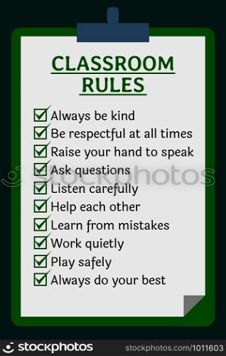 Classroom rules poster. Clipboard over green background