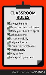 Classroom rules poster. Clipboard over orange background