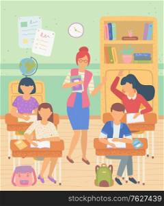 Classroom vector, teacher with book teaching kids. Lesson geography discipline leaning, schoolgirl answering question, Classmates sitting by desks. Back to school concept. Flat cartoon. School Gives Knowledge Poster Kids and Teacher