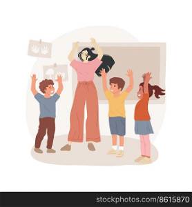 Classroom warmup isolated cartoon vector illustration. Physical exercise in classroom, children make exercise in a circle, hands up, holistic curriculum, waldorf main lesson vector cartoon.. Classroom warmup isolated cartoon vector illustration.