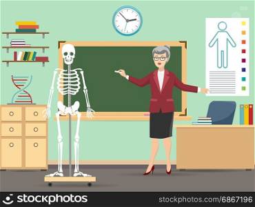 Classroom with human skeleton and teacher. Classroom with human skeleton and teacher, vvector illustration
