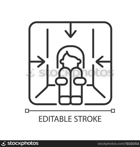 Claustrophobia linear icon. Fear of enclosed spaces as panic attack trigger. Mental problem. Thin line customizable illustration. Contour symbol. Vector isolated outline drawing. Editable stroke. Claustrophobia linear icon